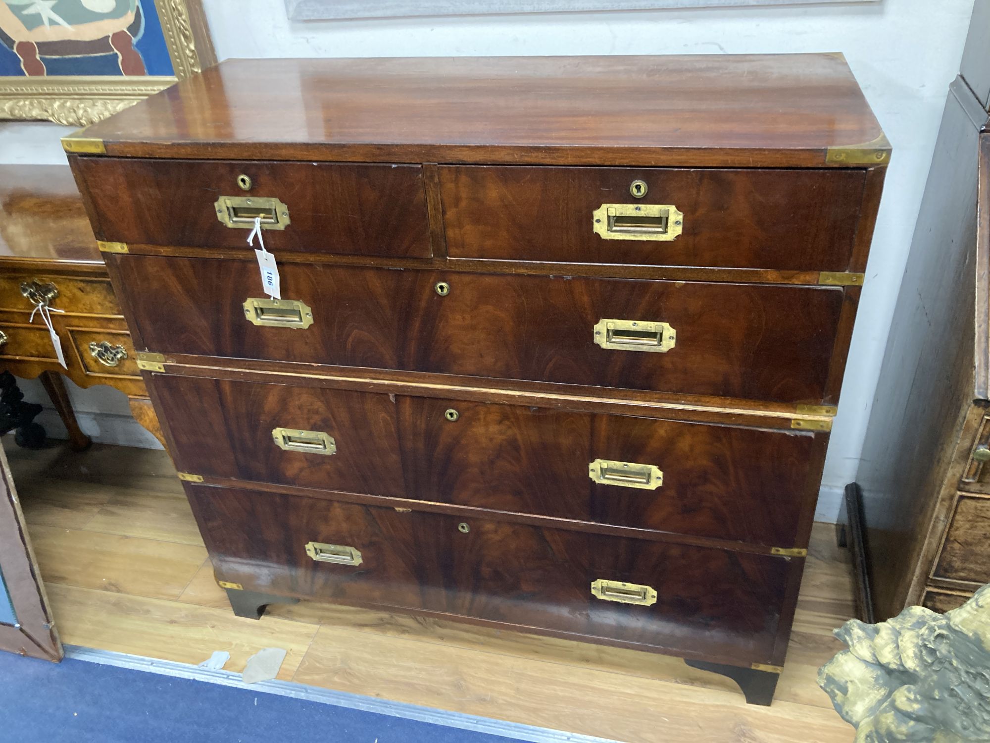 A Victorian style mahogany two part military chest, width 108cm, depth 47cm, height 100cm